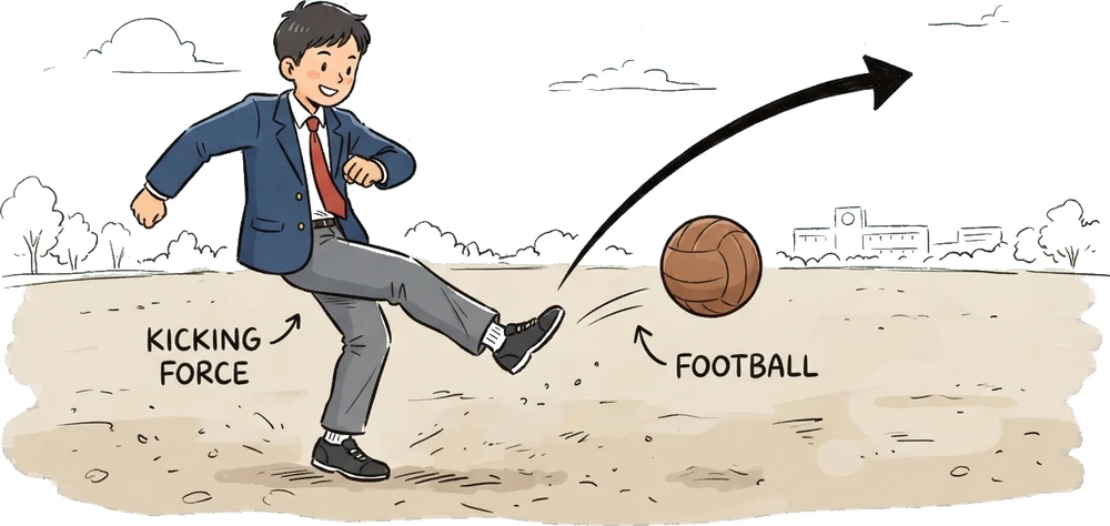 Lumi's sketch — a student kicking a football: the kicking force sends the ball flying